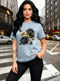 A Stylish And Breathable T-Shirt Featuring a Luxurious Vintage Design with a Black And Golden Rose Pattern, Perfect for Family Trips, Campus Events, Casual, Daily Commutes, Matching Outfits for Sisters, And Versatile Wear - Light Blue