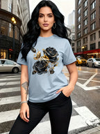 A Stylish And Breathable T-Shirt Featuring a Luxurious Vintage Design with a Black And Golden Rose Pattern, Perfect for Family Trips, Campus Events, Casual, Daily Commutes, Matching Outfits for Sisters, And Versatile Wear - Light Blue