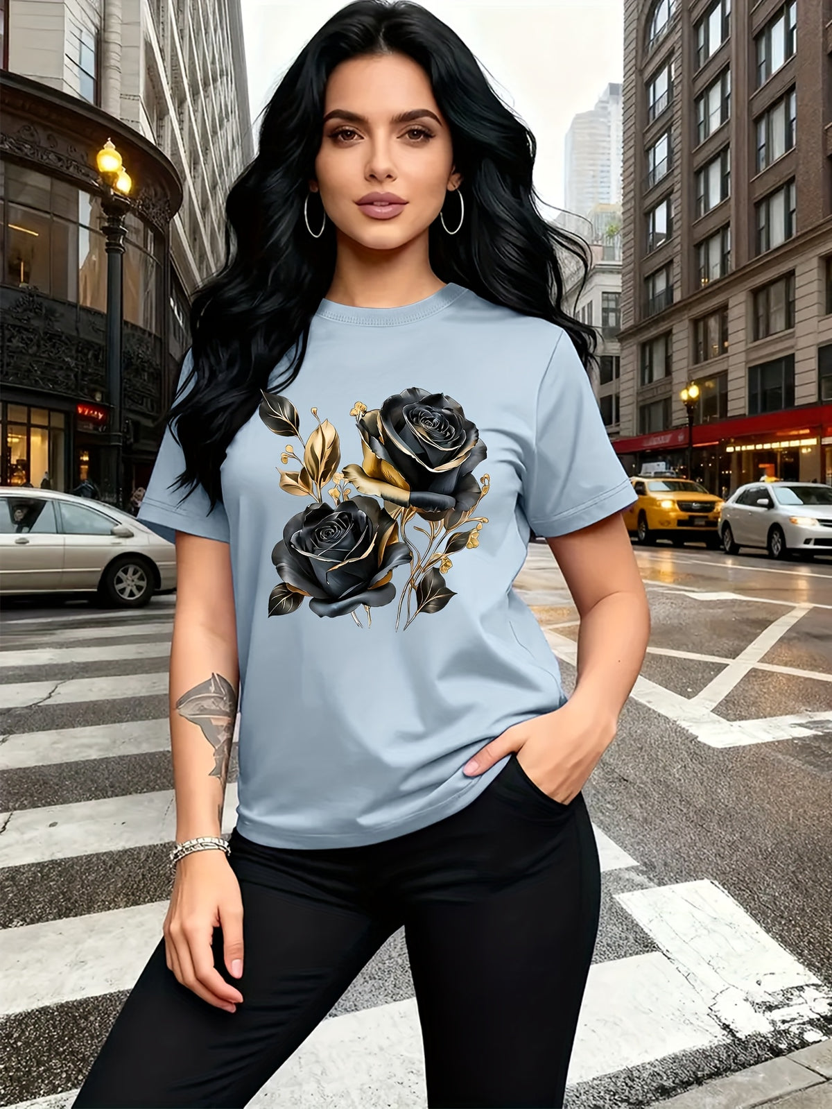 A Stylish And Breathable T-Shirt Featuring a Luxurious Vintage Design with a Black And Golden Rose Pattern, Perfect for Family Trips, Campus Events, Casual, Daily Commutes, Matching Outfits for Sisters, And Versatile Wear - Light Blue