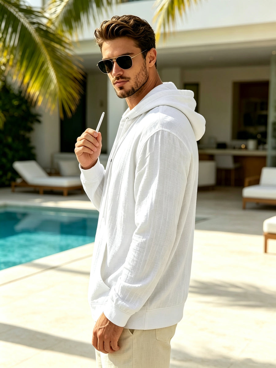 Spring And Autumn Men'S Casual Hooded Shirt, Long Sleeve Shirt, Solid Color Minimalist, Trendy And Versatile, Lightweight And Breathable, Suitable for Beach Vacation, Travel, And Daily Wear - White
