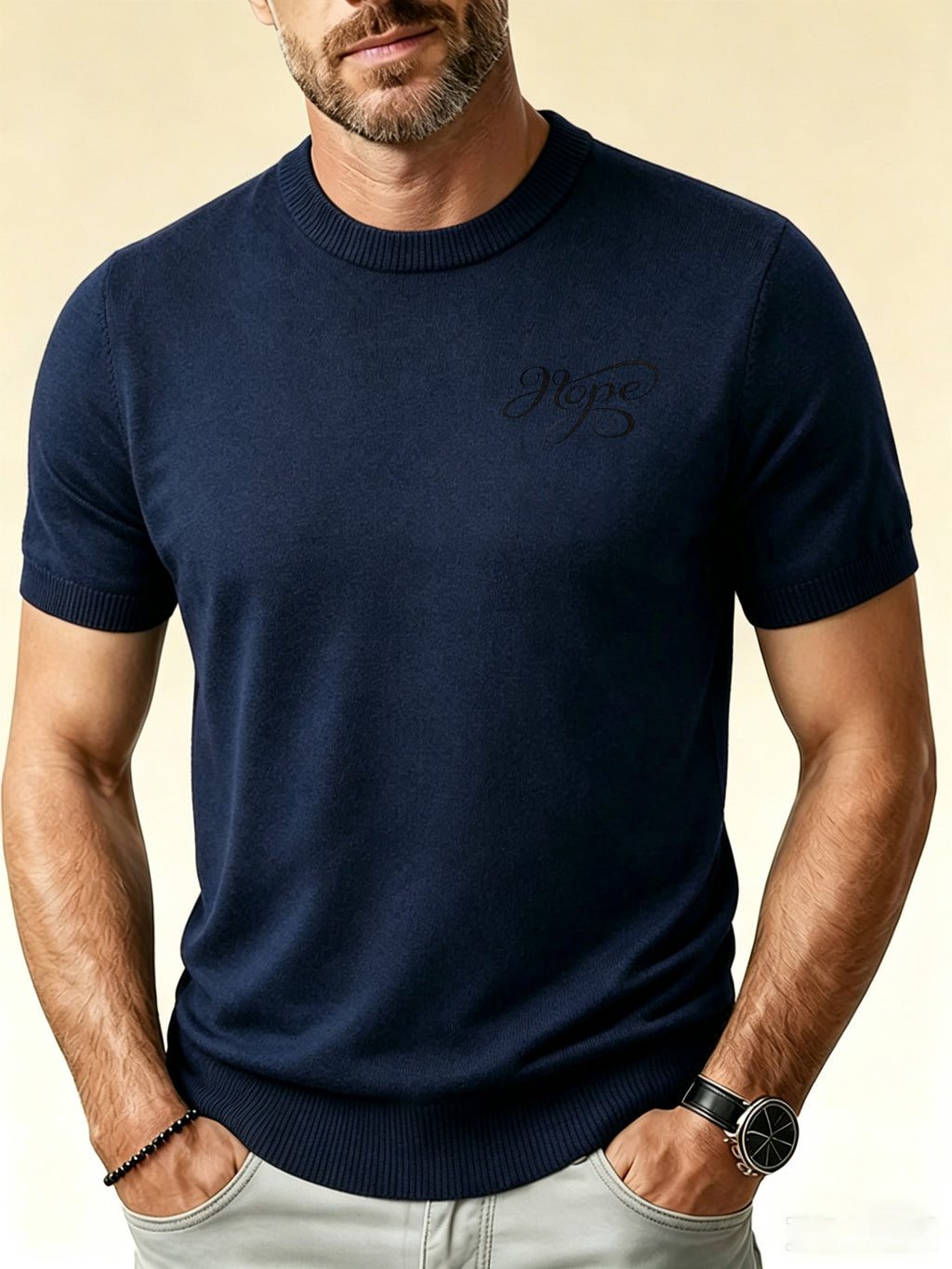 Men'S Round Neck Short Sleeve Knit Sweater English Casual Base Layer Top - Navy Color