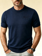 Men'S Round Neck Short Sleeve Knit Sweater English Casual Base Layer Top - Navy Color