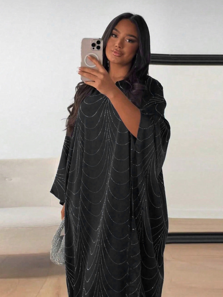 Ramadan Middle East Muslim New Women's Fashion Loose Rhinestone Batwing Sleeve Abaya Gown - Black