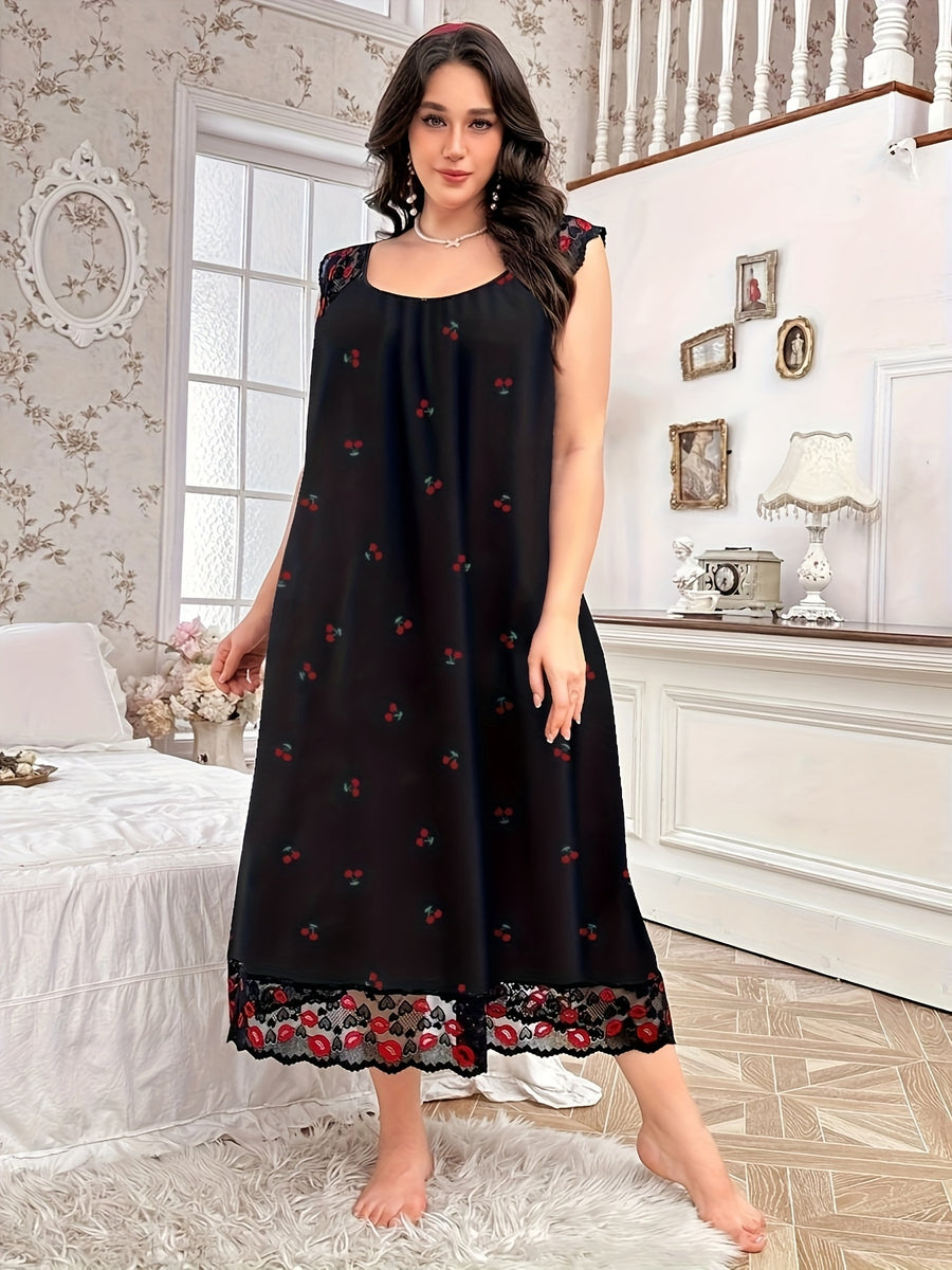 Elegant Lace Trim Nightdress with Small Floral Print - Soft Round Neck Sleepdress Suitable for Year-Round Wear, Machine Washable Bed Nightgown for (Non-) - Mixed Color 2
