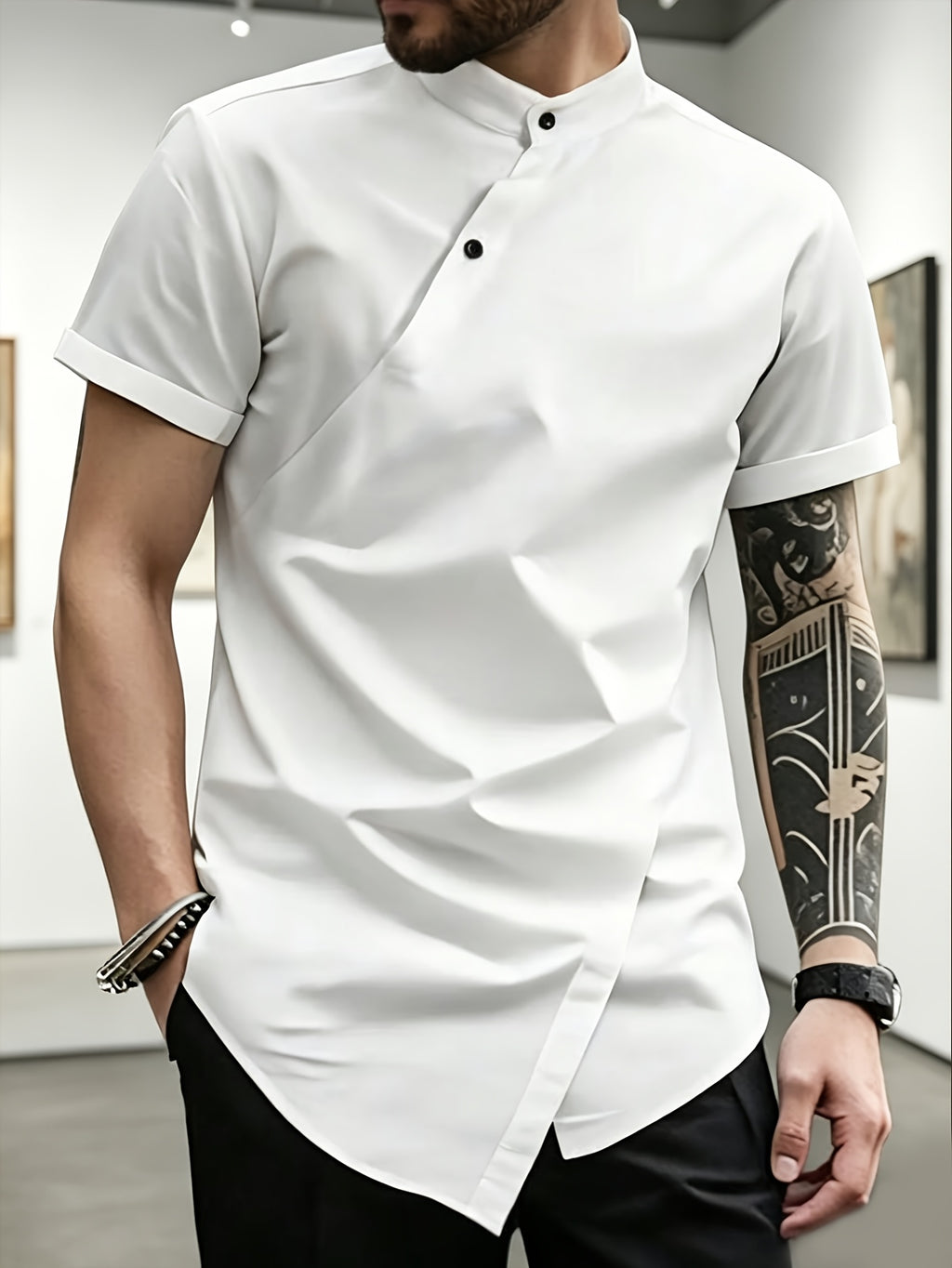 [Know And Give OBM] Men'S Fashion Casual Solid Color Short Sleeve Shirt, Button-Up Design, Irregular Design Sense, Suitable for Summer, Daily Outings, And Parties - White