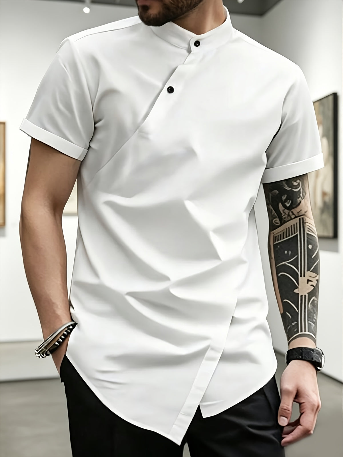 [Know And Give OBM] Men'S Fashion Casual Solid Color Short Sleeve Shirt, Button-Up Design, Irregular Design Sense, Suitable for Summer, Daily Outings, And Parties - White