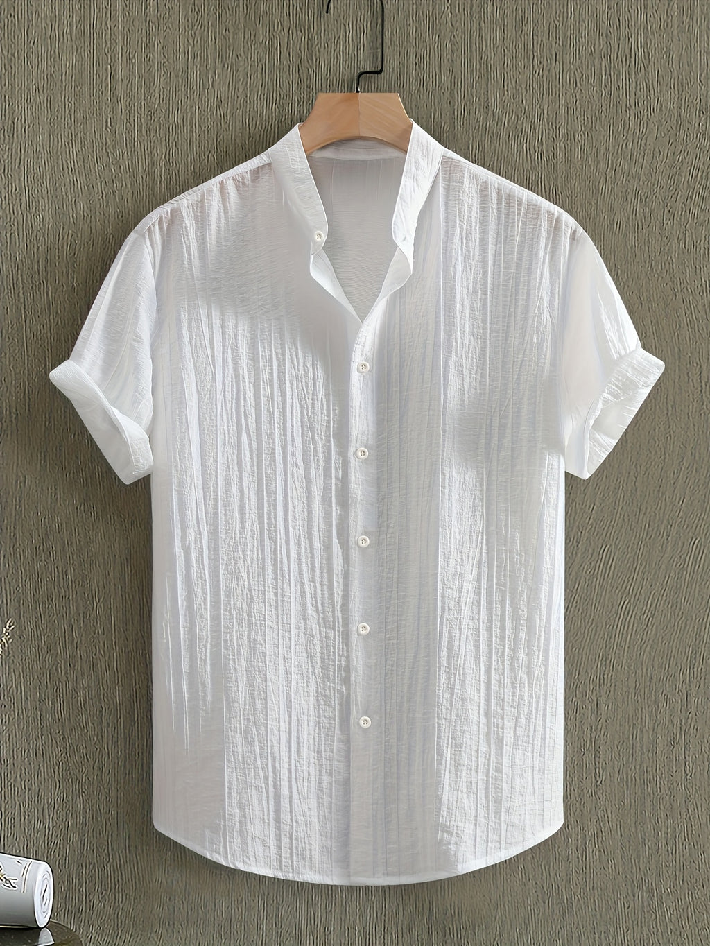 Pearson OBM Men's Summer Solid Color Semi-Transparent Short Sleeve Casual Stand Collar Shirt, Button-Up Fashion Versatile Shirt for Beach Vacation Pool Party - White