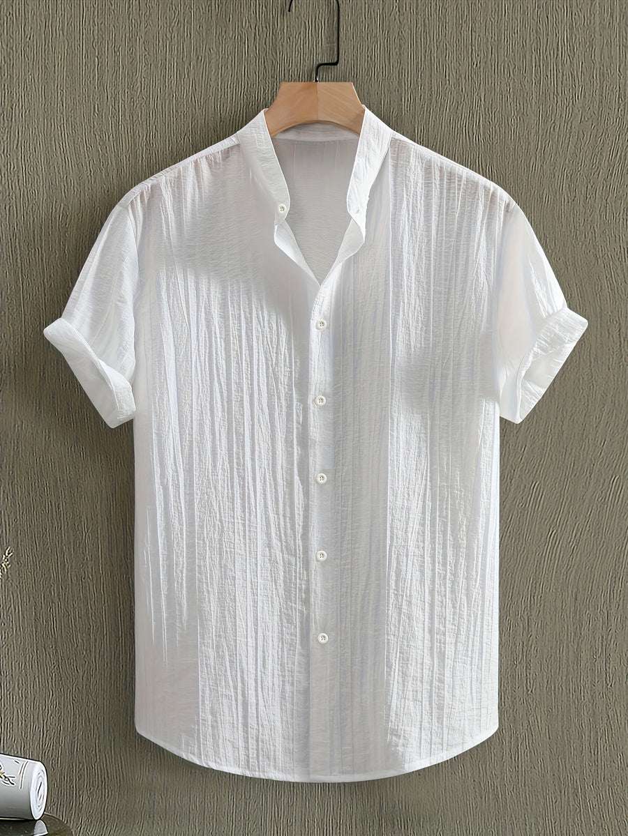 Pearson OBM Men's Summer Solid Color Semi-Transparent Short Sleeve Casual Stand Collar Shirt, Button-Up Fashion Versatile Shirt for Beach Vacation Pool Party - White
