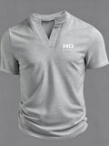 Summer Waffle-Weave Men'S Short Sleeve T-Shirt, Small Stand Collar V-Neck Print Trendy Men'S Versatile Short Sleeve - Gray 4