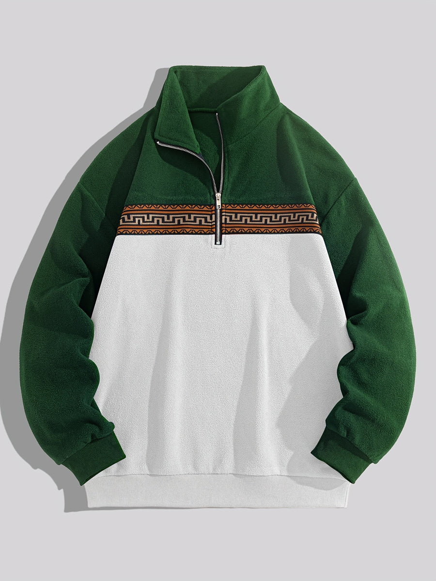 Men'S Fleece Ethnic Style Webbing Color Block Stand-Up Collar Sweatshirt Warm Casual Jacket - White
