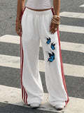 Popular Women's Casual Sporty Printed Long Pants, Side Stripe Comfortable Soft Versatile Straight-Leg Casual Trousers - White