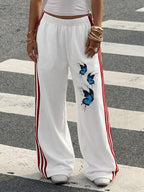 Popular Women's Casual Sporty Printed Long Pants, Side Stripe Comfortable Soft Versatile Straight-Leg Casual Trousers - White