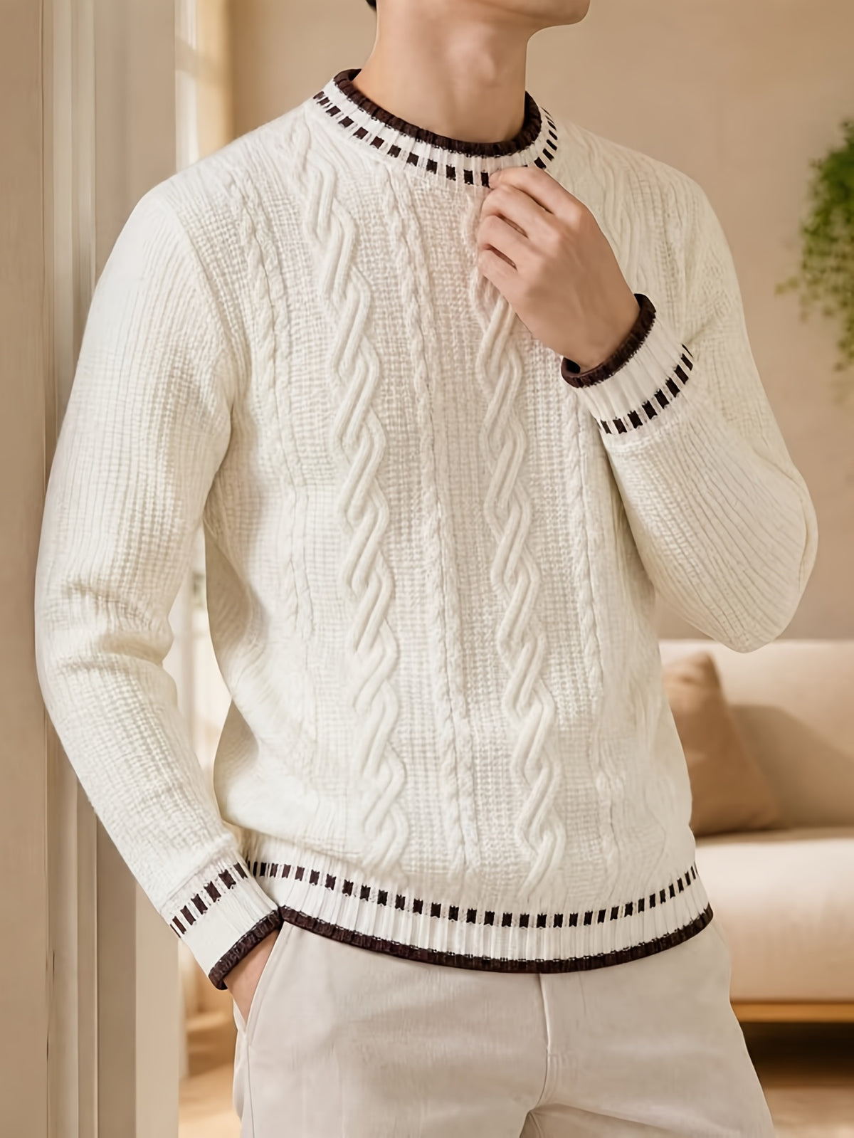 Black Friday, Christmas, Thanksgiving Pre-Heat, Men's Acrylic Blend Five-Color Options, Cable Knit, Contrast Stripe Ribbed Crew Neck Pullover Sweater with Contrast Stripes at Neckline, Cuffs, and Hem, Vintage Casual Daily Wear for Autumn/Winter - Off-white