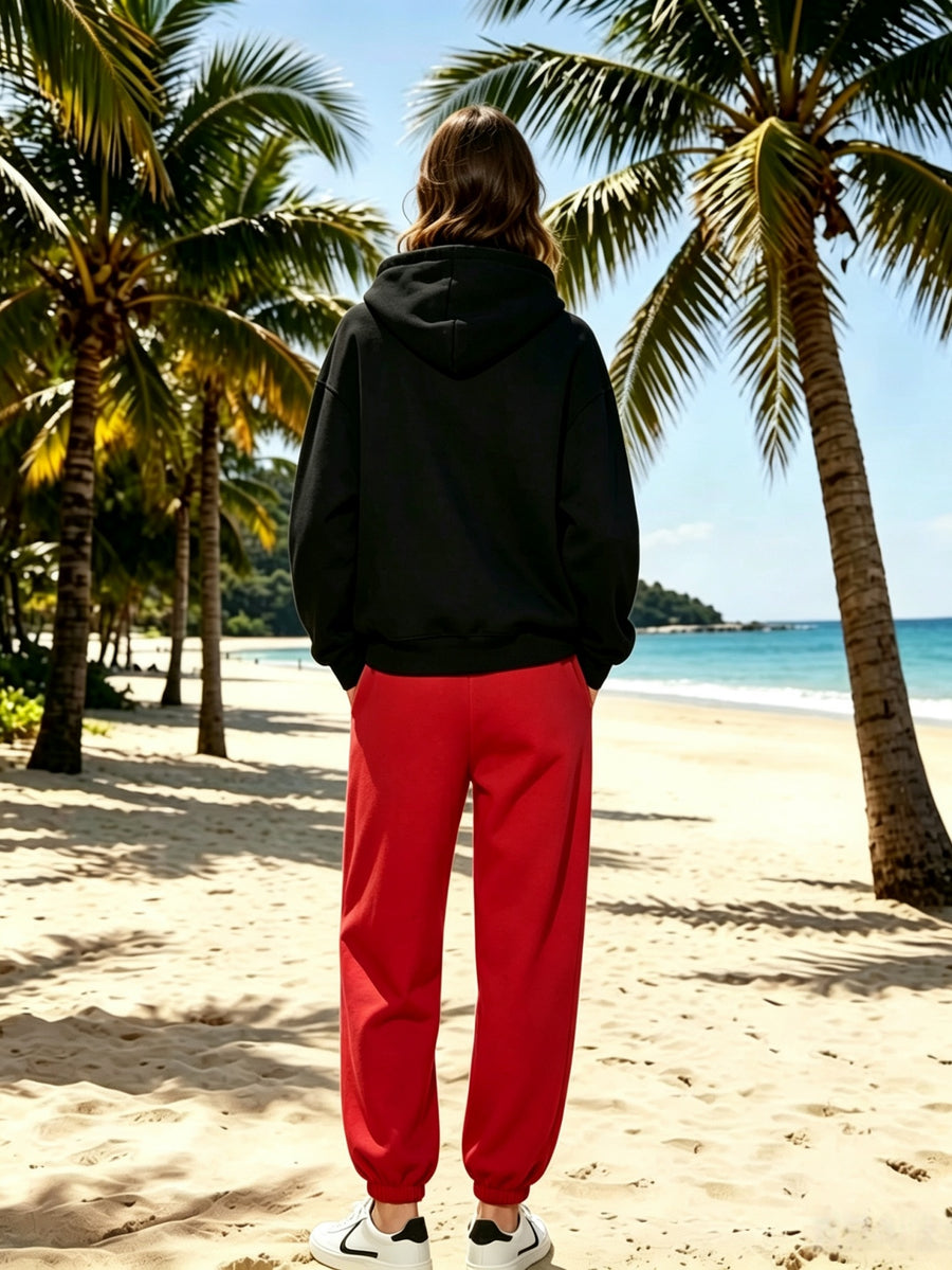 Lazy Style Loose Sweatshirt and Sweatpants Set, Long Sleeve Hooded Top and Jogger Pants, Daily Running Sportswear - Black hoodie + red sweatpants