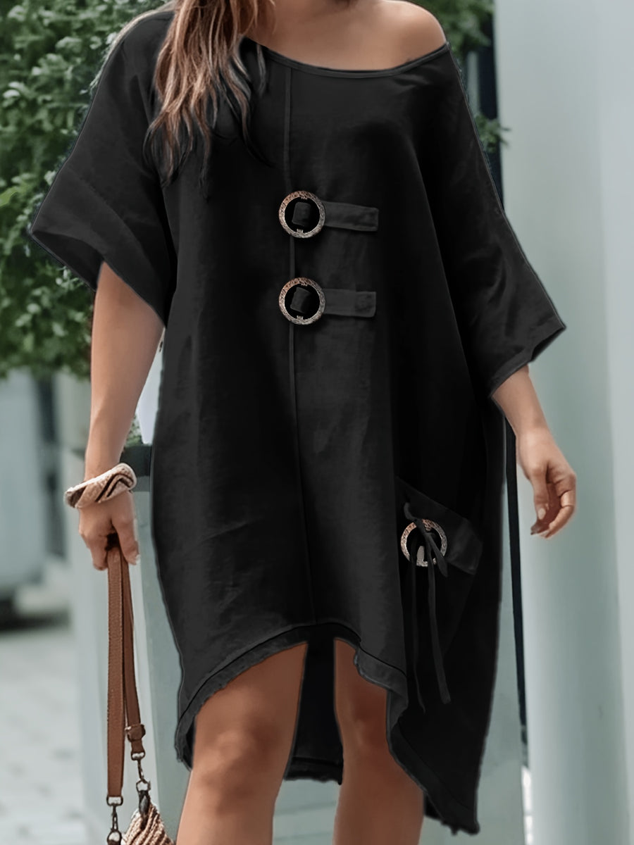 Plus Size - Women'S Dress, Plus Size Dress, Nomadic Style, One-Shoulder Dress, Coconut Button, Asymmetric Tie, High-Low Hem, Fringe Dress, Frayed Hem, -Like, Vacation Dress, Casual Dress, Boho Dress, Long Maxi Dress - Black