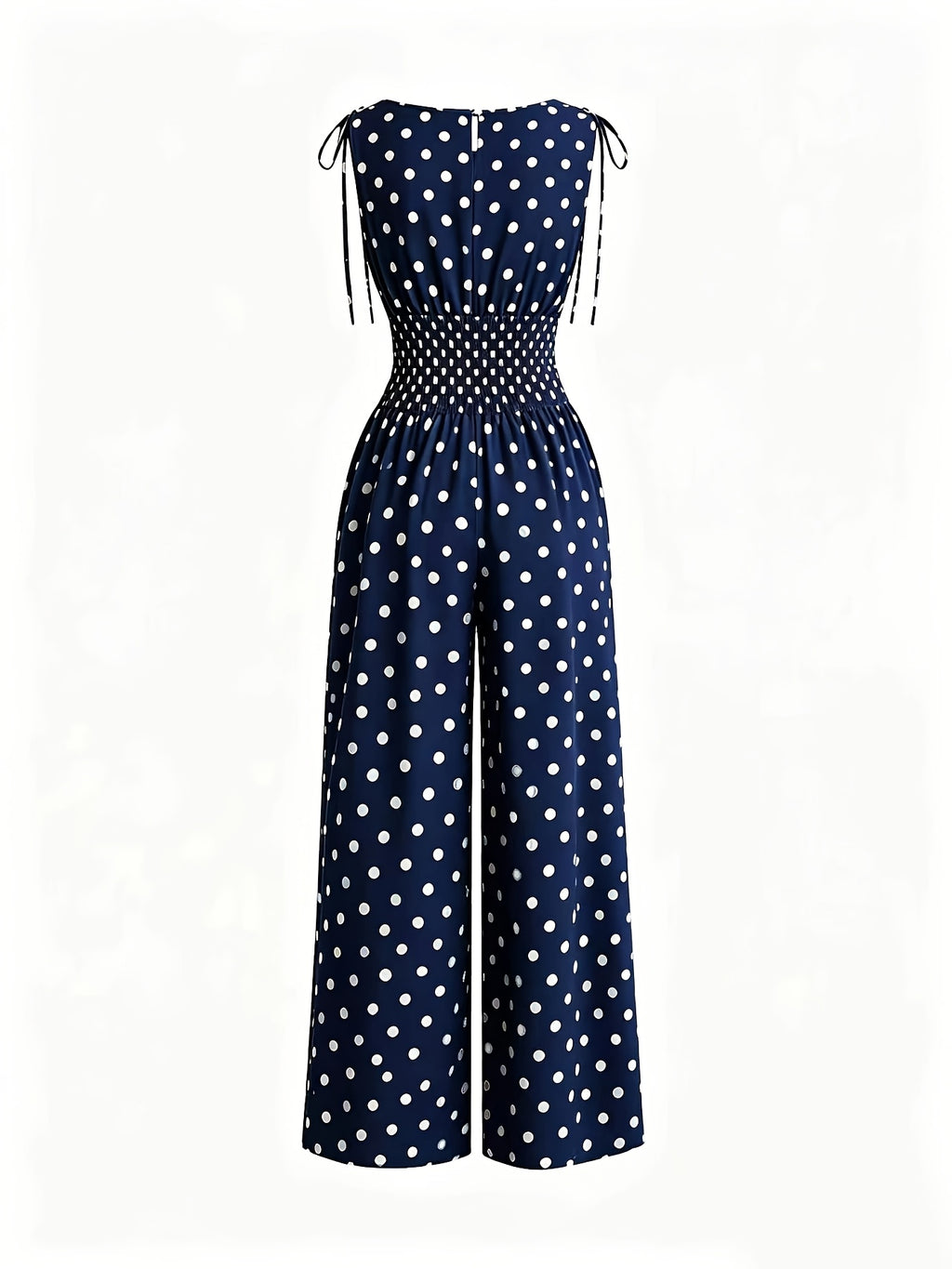 Women'S New Retro Polka Dot Print Jumpsuit, Shoulder Bow Tie Detail, Round Neck Sleeveless Back Slit Button Design, Elastic Ruched Waist, Summer Casual Beach Vacation Outfit, Elegant Commute, Date Outing Daily Wear Long Length Wide Leg Trousers - Navy Color