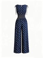 Women'S New Retro Polka Dot Print Jumpsuit, Shoulder Bow Tie Detail, Round Neck Sleeveless Back Slit Button Design, Elastic Ruched Waist, Summer Casual Beach Vacation Outfit, Elegant Commute, Date Outing Daily Wear Long Length Wide Leg Trousers - Navy Color