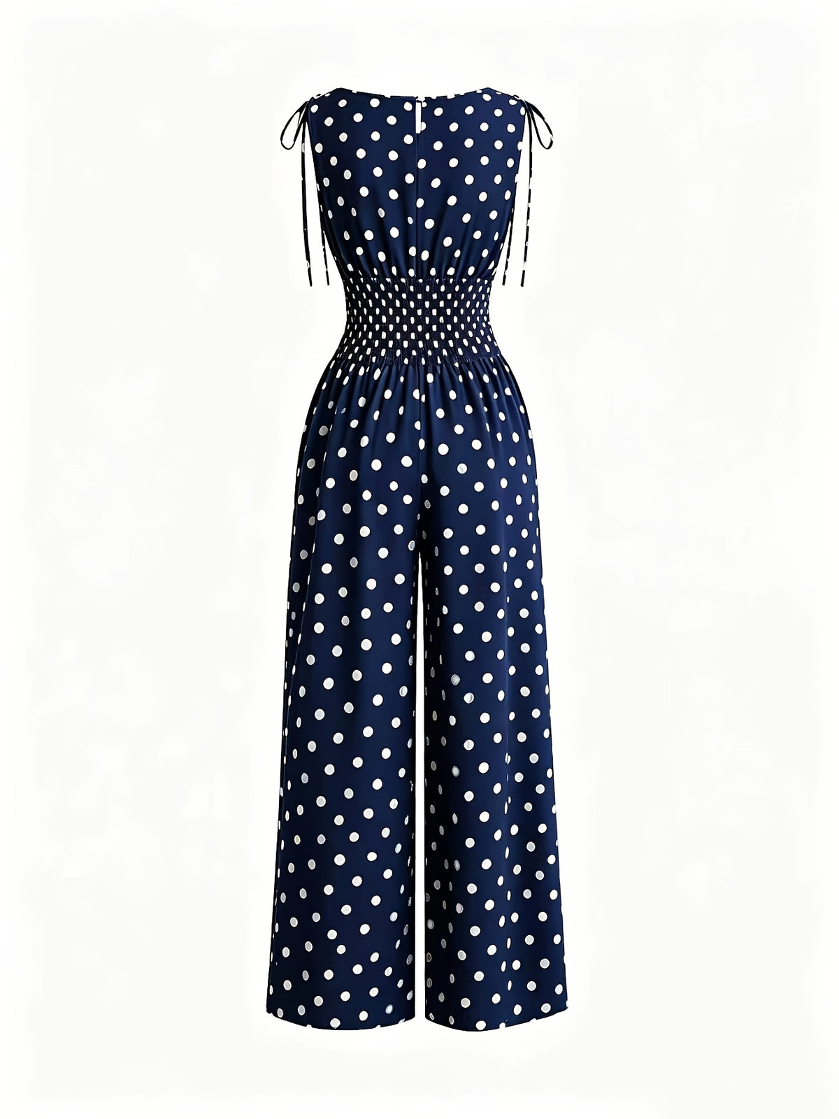 Women'S New Retro Polka Dot Print Jumpsuit, Shoulder Bow Tie Detail, Round Neck Sleeveless Back Slit Button Design, Elastic Ruched Waist, Summer Casual Beach Vacation Outfit, Elegant Commute, Date Outing Daily Wear Long Length Wide Leg Trousers - Navy Color