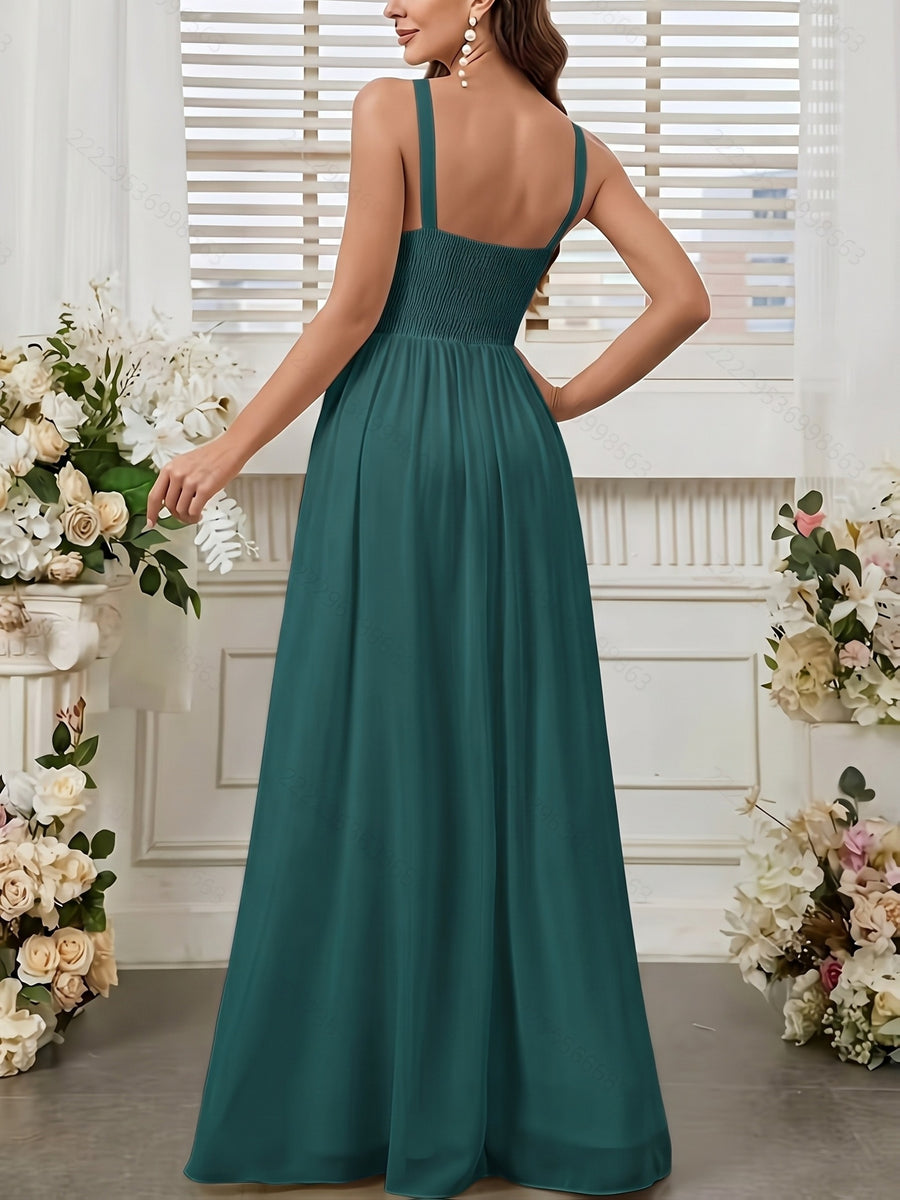 Solid Color Long Dress with Thin Spaghetti Straps, Pleated Detail, and Slit. Suitable for Weddings, Evening Banquets, Balls, Parties, Vacations, and Afternoon Tea Dates - Dark Green