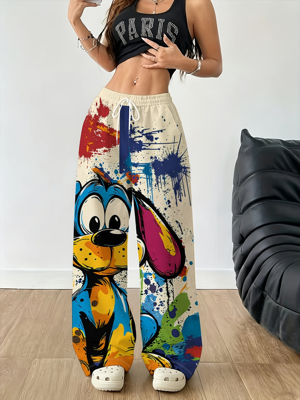 [Printed Design - Not Textured] Women'S Fashion Casual Wide-Leg Pants Cartoon Colorful Polka Dot Dog Ink Splatter Printed Long Trousers Drawstring Elastic Waist Spring Autumn Outdoor Long Style Pants - Mixed colors