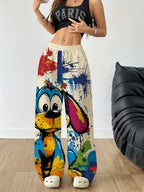 [Printed Design - Not Textured] Women'S Fashion Casual Wide-Leg Pants Cartoon Colorful Polka Dot Dog Ink Splatter Printed Long Trousers Drawstring Elastic Waist Spring Autumn Outdoor Long Style Pants - Mixed colors