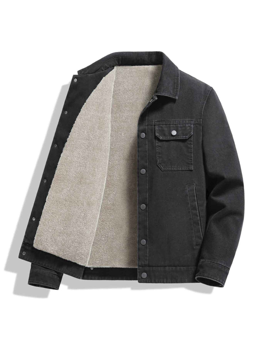 High-Quality Fashion Lapel Fleece-Lined Denim Jacket, Single-Breasted Simple Solid Color Men's Jacket with Large Pockets, Stylish Winter Thickened Men's Coat - Black