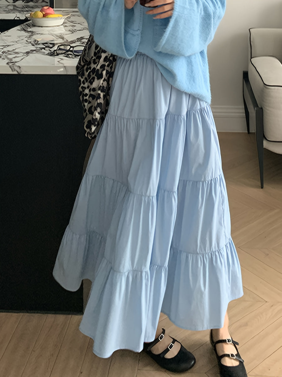 Fashion White French Long Skirt Elastic Adjustable Waistband A-Line Design with Lining Anti-Exposure Half Skirt Women'S - Blue
