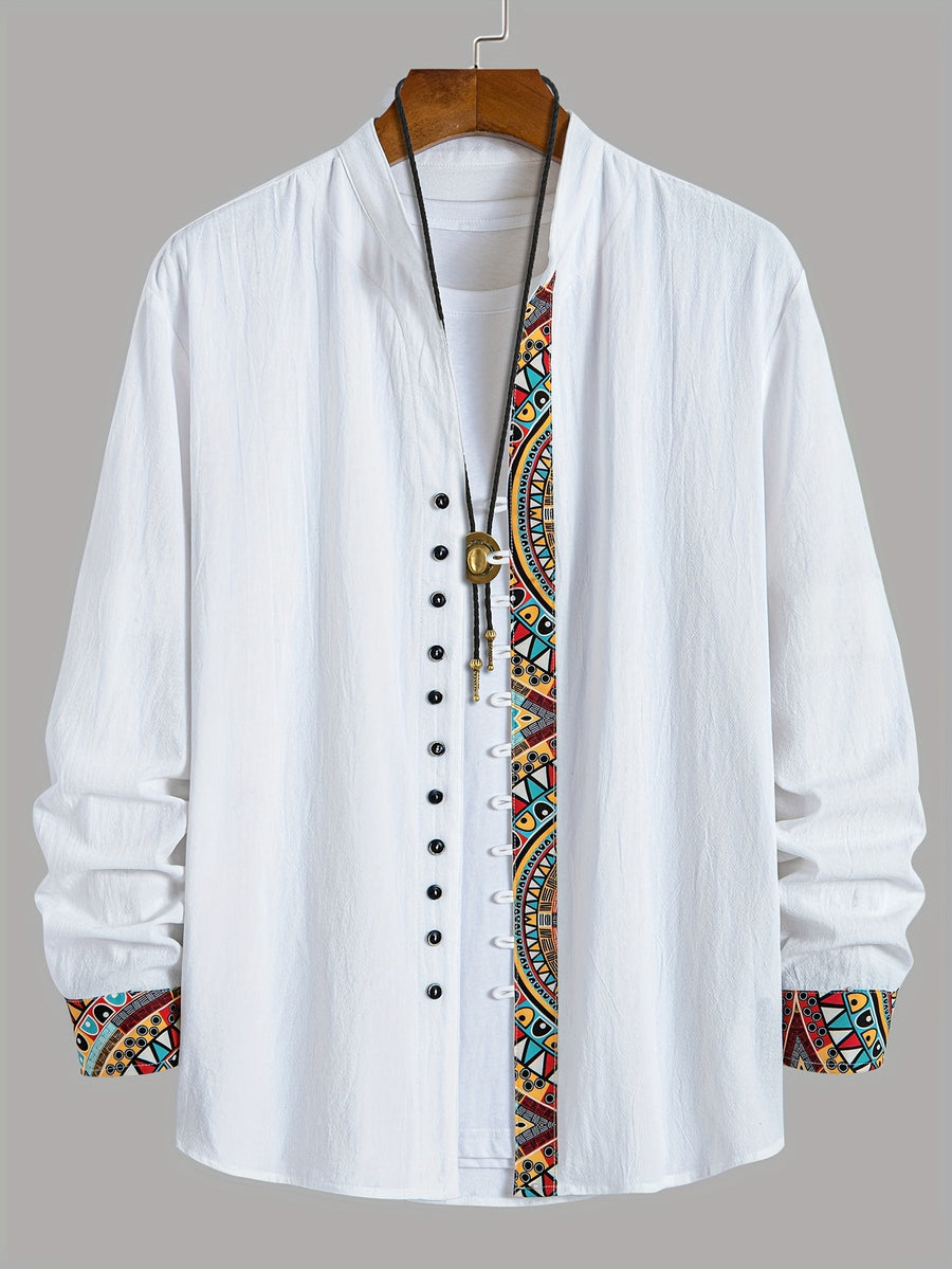 Men's Trendy Classic Solid Color Spliced Geometric Print Stand Collar Multi-Buckle Design Comfortable Breathable Material Casual Versatile Long Sleeve Shirt for Spring and Autumn - White