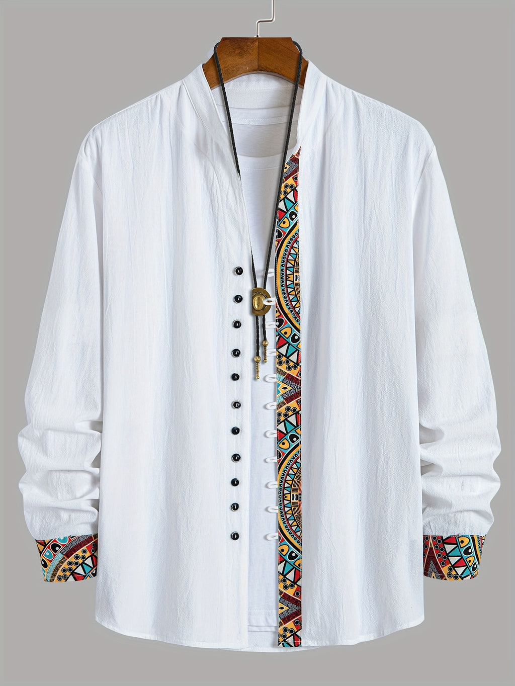 Men's Trendy Classic Solid Color Spliced Geometric Print Stand Collar Multi-Buckle Design Comfortable Breathable Material Casual Versatile Long Sleeve Shirt for Spring and Autumn - White
