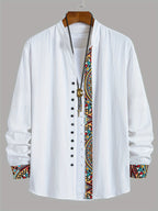 Men's Trendy Classic Solid Color Spliced Geometric Print Stand Collar Multi-Buckle Design Comfortable Breathable Material Casual Versatile Long Sleeve Shirt for Spring and Autumn - White