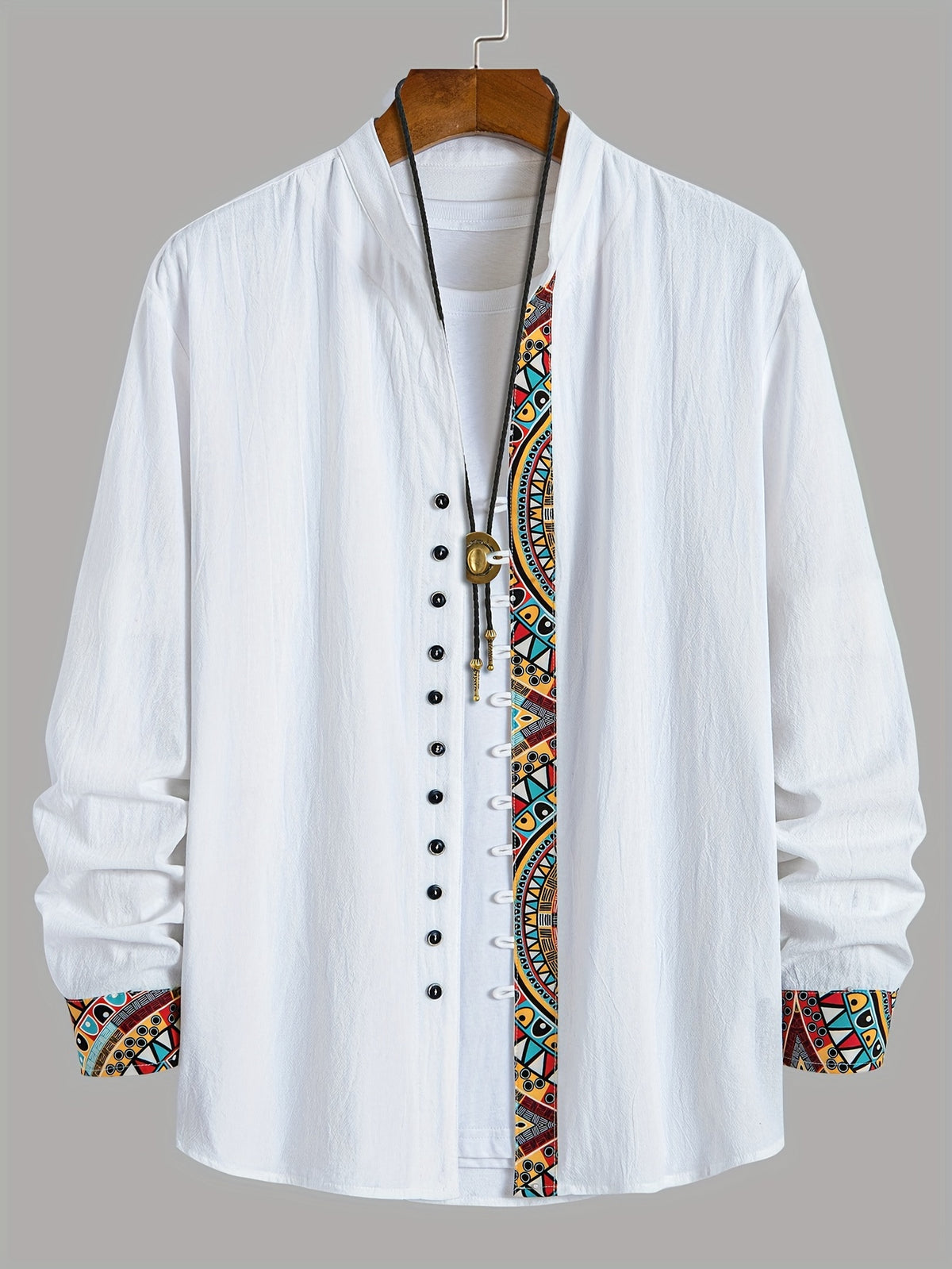 Men's Trendy Classic Solid Color Spliced Geometric Print Stand Collar Multi-Buckle Design Comfortable Breathable Material Casual Versatile Long Sleeve Shirt for Spring and Autumn - White