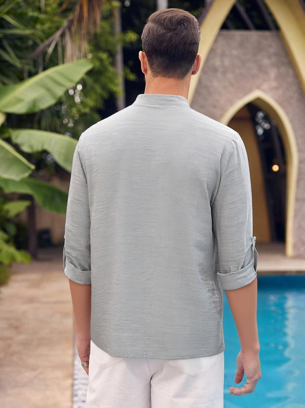 Men'S Fashion New Spring And Autumn Tops Featuring a Stand Collar Henley Shirt, with a Half-Open Single Row of Buttons, Perfect for Outdoor Beach Wear - Light Grey