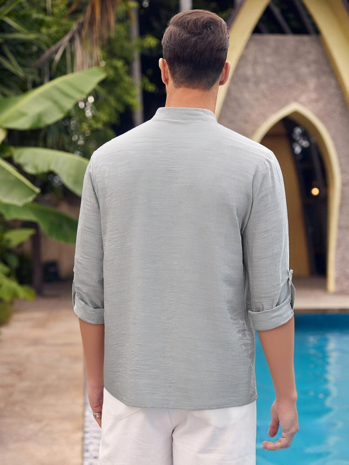 Men'S Fashion New Spring And Autumn Tops Featuring a Stand Collar Henley Shirt, with a Half-Open Single Row of Buttons, Perfect for Outdoor Beach Wear - Light Grey