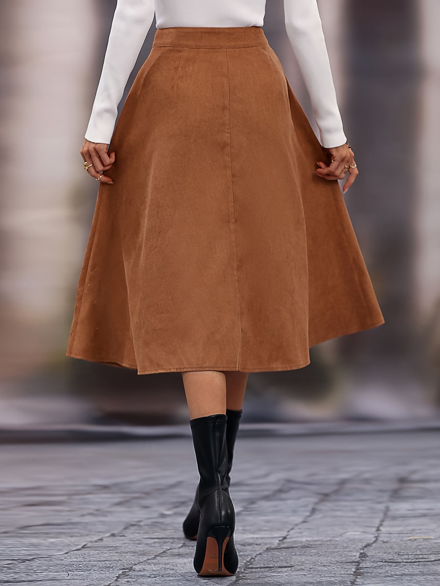 Elegant Solid Color Button-Front Flared Skirt for Women - High Waist, Machine Washable, Perfect for Fall/Winter - Light Brown-1