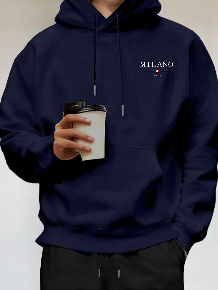 Simple and Stylish Milan Text Print Men's Hooded Sweatshirt for Daily Casual Outings and Commuting - Navy Color