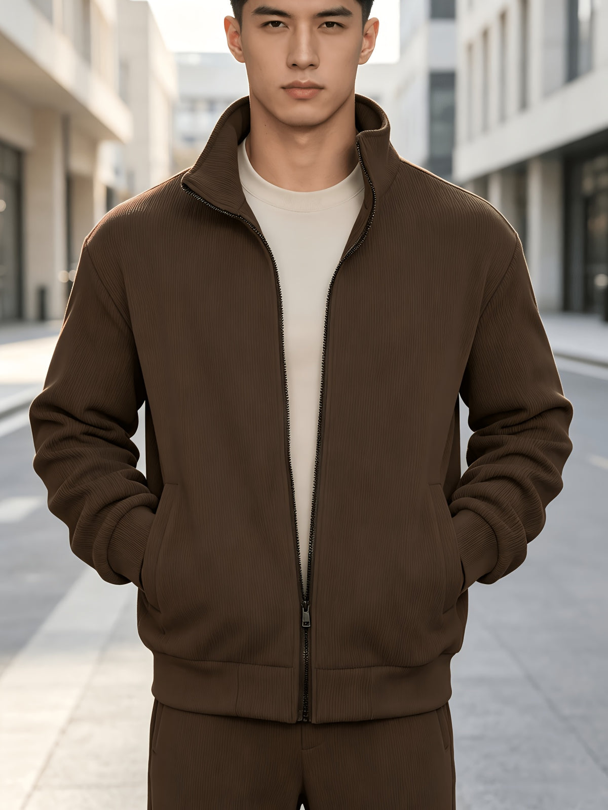 Men's Corduroy Full-Zip Stand Collar Jacket, Soft Vertical Rib Texture Corduroy Casual Full-Zip Outerwear, Ribbed Cuffs and Hem, Side Insert Pockets, Loose Fit Cut, Lightweight and Warm Jacket, Suitable for Autumn/Winter Daily Wear, Street Outings - Coffee Color