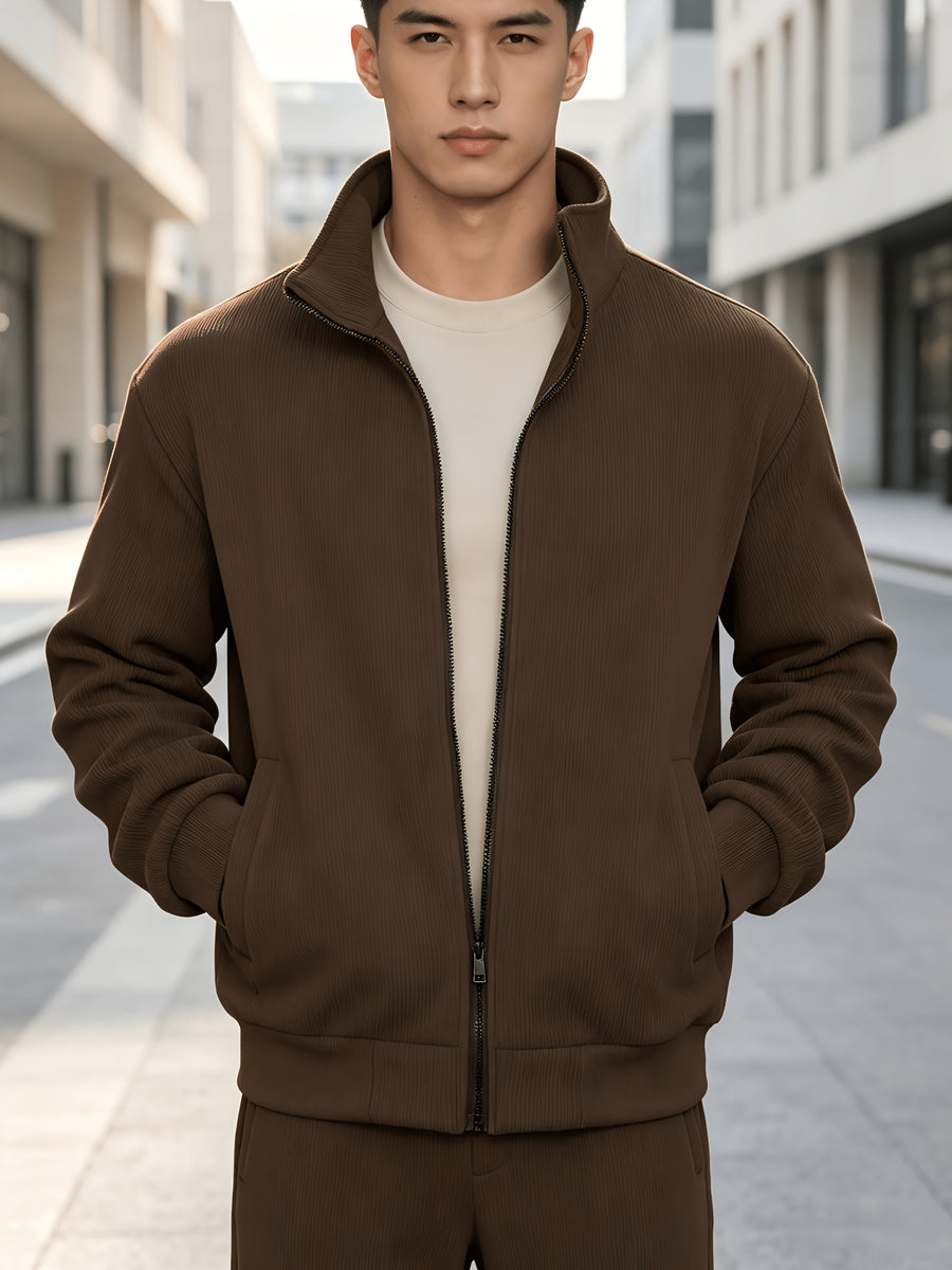 Men's Corduroy Full-Zip Stand Collar Jacket, Soft Vertical Rib Texture Corduroy Casual Full-Zip Outerwear, Ribbed Cuffs and Hem, Side Insert Pockets, Loose Fit Cut, Lightweight and Warm Jacket, Suitable for Autumn/Winter Daily Wear, Street Outings - Coffee Color