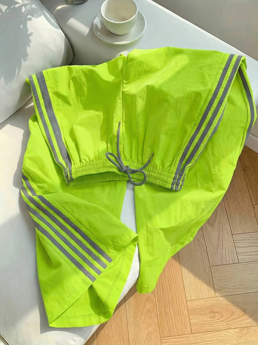 Reading Week Apparel, Back-to- Season, One Pair of 2026 Spring/Summer New Style Casual Sporty Fashionable Comfortable and Beautiful Women's Long Pants with Contrast Color and Drawstring Waist, Suitable as a Holiday Gift for Women's Clothing - Fluorescent Green