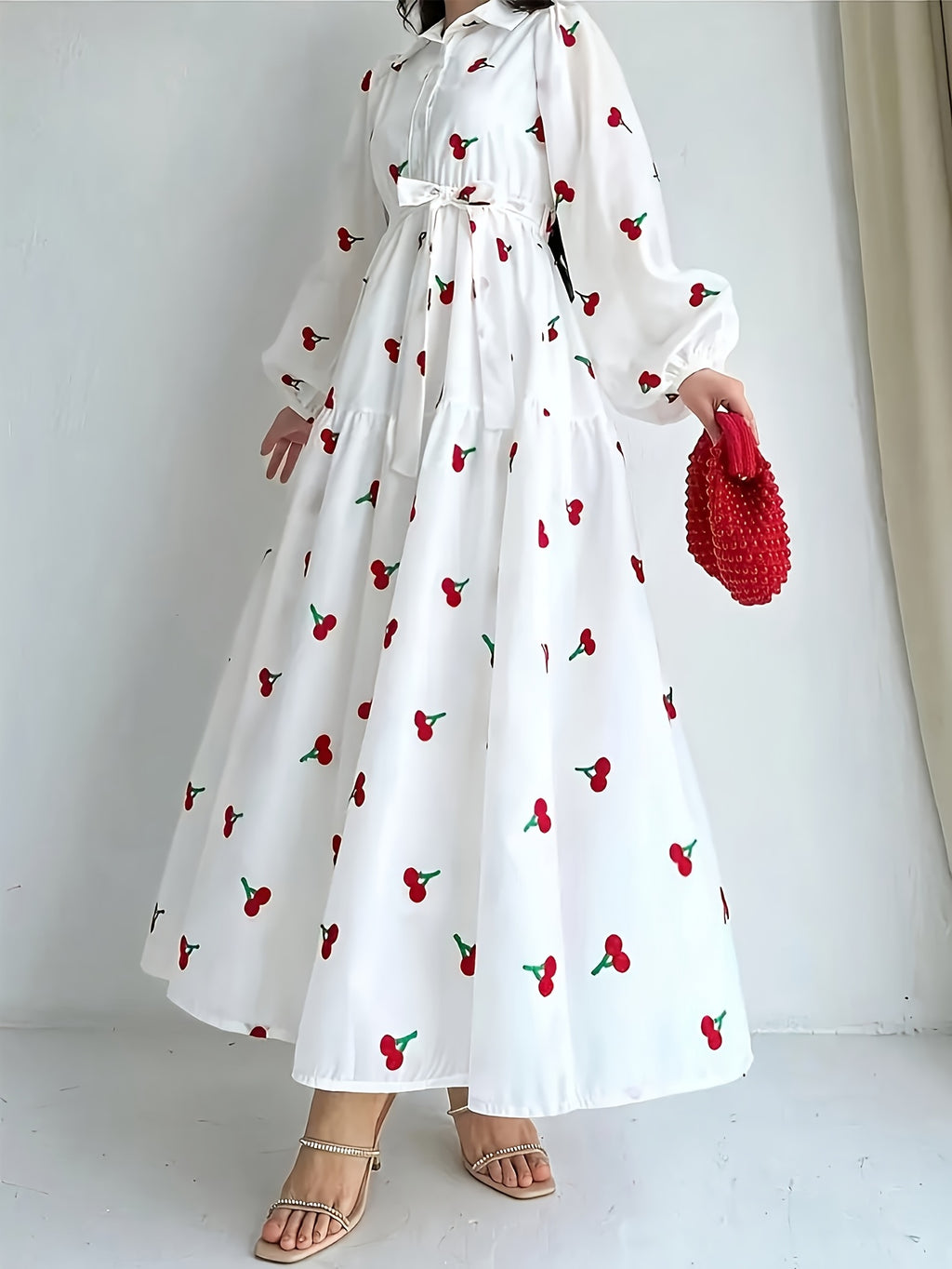 Elegant Printed Long Sleeve Dress for Spring And Autumn, Women'S, Non-Stretchable, Machine Washable - Suitable for All Seasons - White