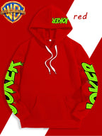 Authorized by Warner Bros., Featuring Colorful Graffiti And Ink Splattered Joker JOKER Poker Prints, Hat Design Patterns, Versatile Street Style Men'S Hooded Sweatshirt, Comfortable And Casual, Suitable for Autumn And Winter Wear - Red