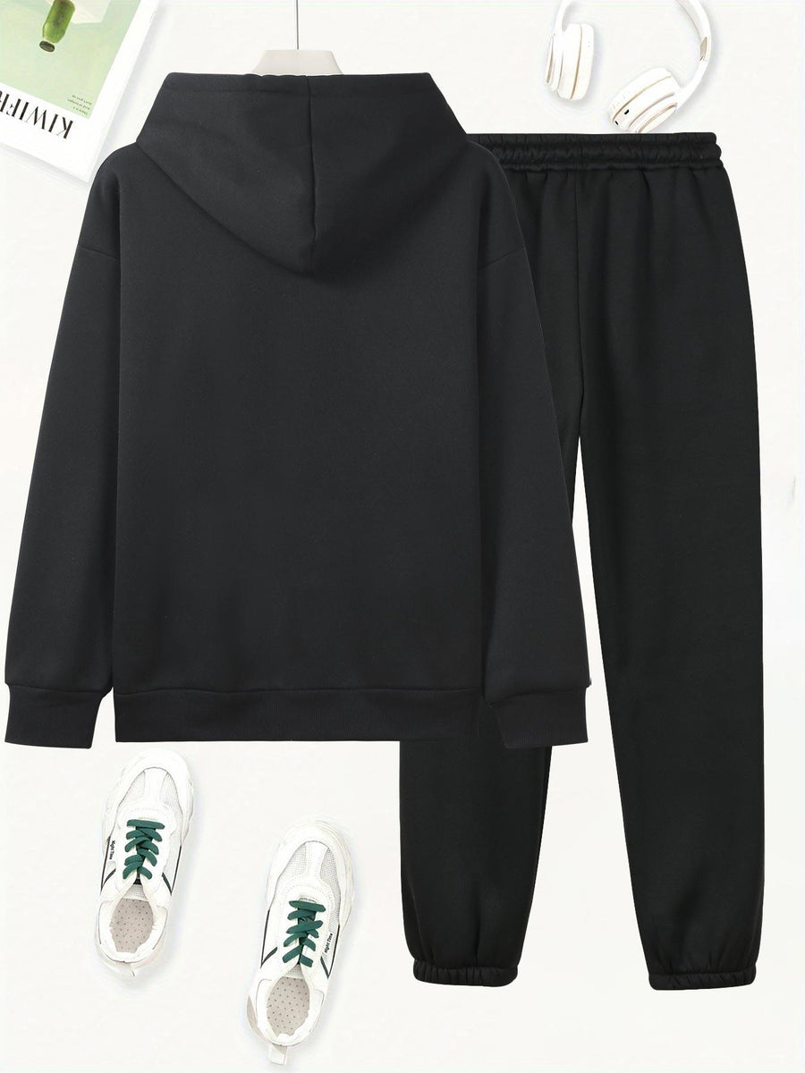 Butterfly Heart Print Hoodie And Pants Set, Casual Long Sleeve Hoodie And Jogger Set, Women'S Hooded Pocket Outfit - Black