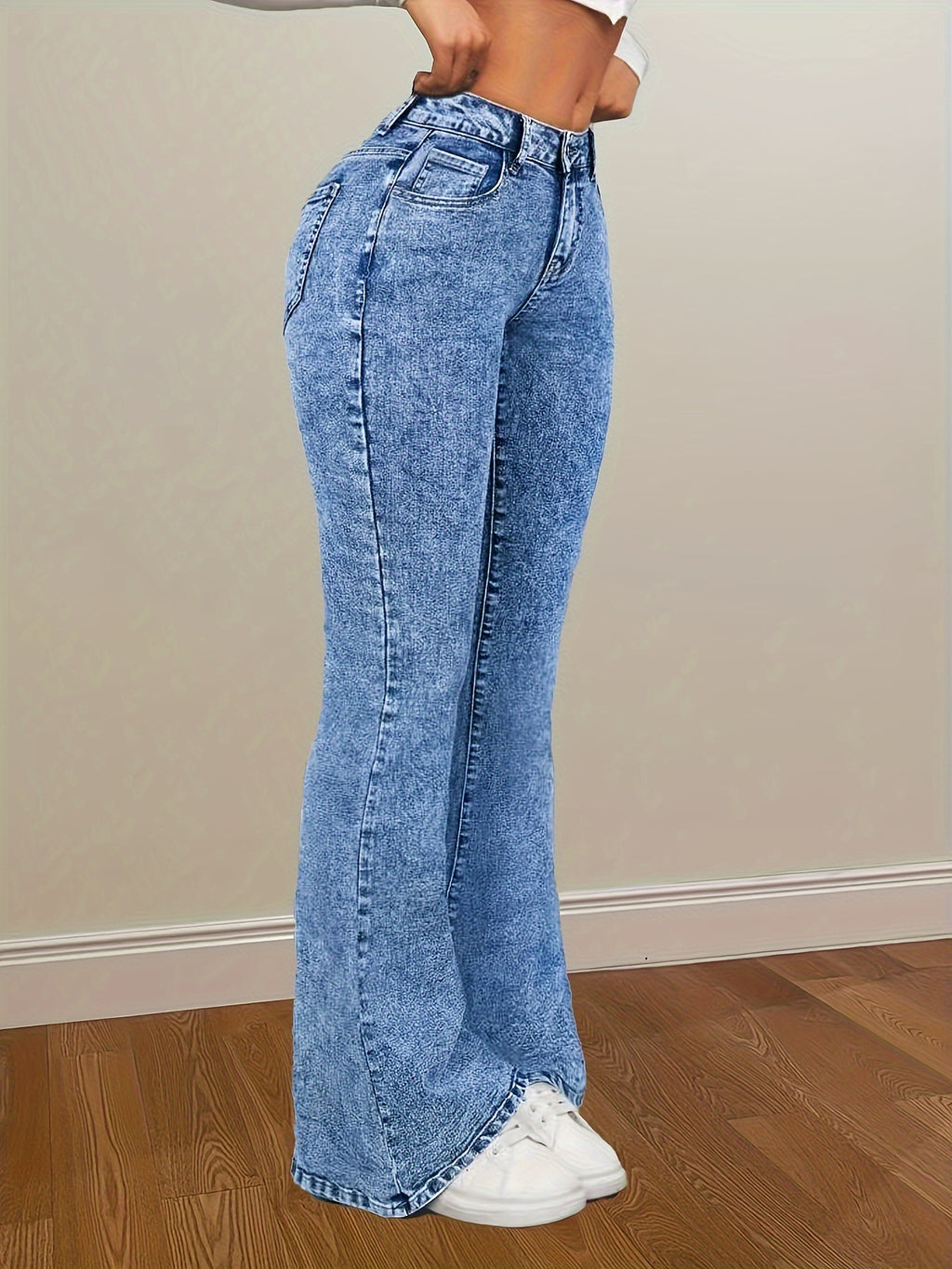 Blue Snowflake High Stretch Flare Leg Jeans | Elegant Long Length with Button Details, All-Season Fabric Denim Jeans - Medium Blue