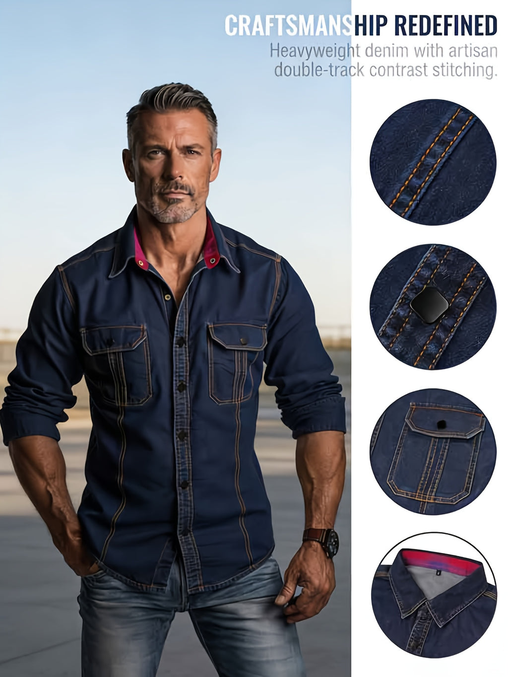 Men's Vintage Denim Shirt for Spring and Autumn, Loose Fit Casual Long Sleeve Shirt with Square Button, Trendy Distressed Outerwear, Youthful Stylish Layering Workwear Top, Versatile for Layering and Outerwear, Hand-Washed Blue Denim Shirt - Navy Color