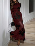 Ladies Elegant and Exquisite Digital Printed Gauze Round Neck Pullover Slim Long Black Dress - 【Red】