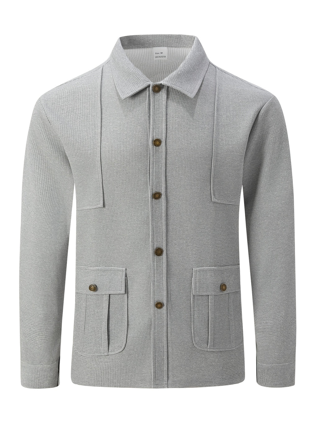 Men'S New Fall Winter Waffle Knit Shirt Jacket with Lapel, Multi-Pocket Button-Front Cargo Jacket - Grey
