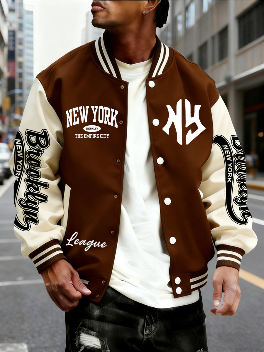 Men's Trendy Baseball Jacket with New York Style NY Letter Graphic Design - Contrast Sleeve Color Block Style - Button Closure with Stretchable Fabric, Versatile and Comfortable Jacket for All Seasons - Suitable for Outdoor Travel, Sports, and Friend - Dark Brown