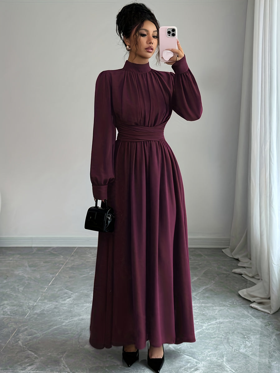 ZD1026017 Elenzga Women's Casual, Elegant, Romantic Sicilian Style Solid Color Chiffon Stand Collar Loose Fit Criss-Cross Tie A-Line Bow Long Sleeve Bridesmaid Dress, Suitable for Commuting, Vacations, Afternoon Tea, Parties, and Dinner Parties - Red