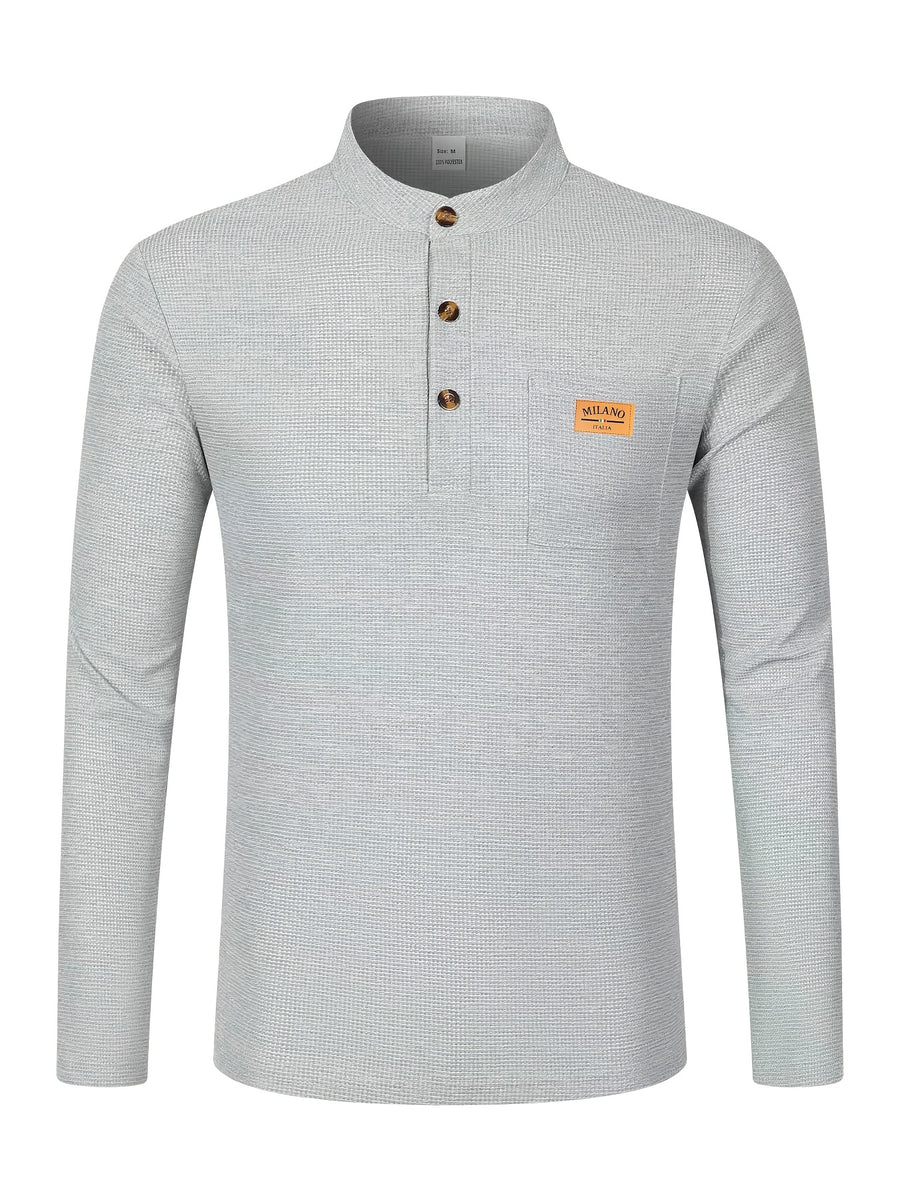 Maqiqi OBM Men's Fashion Waffle Knit Long Sleeve Henley Shirt, Stand Collar Button-Up Top with Chest Pocket and Positioned Printed LOGO, Casual Regular Fit Solid Color Spring/Autumn Daily Top - Light Grey