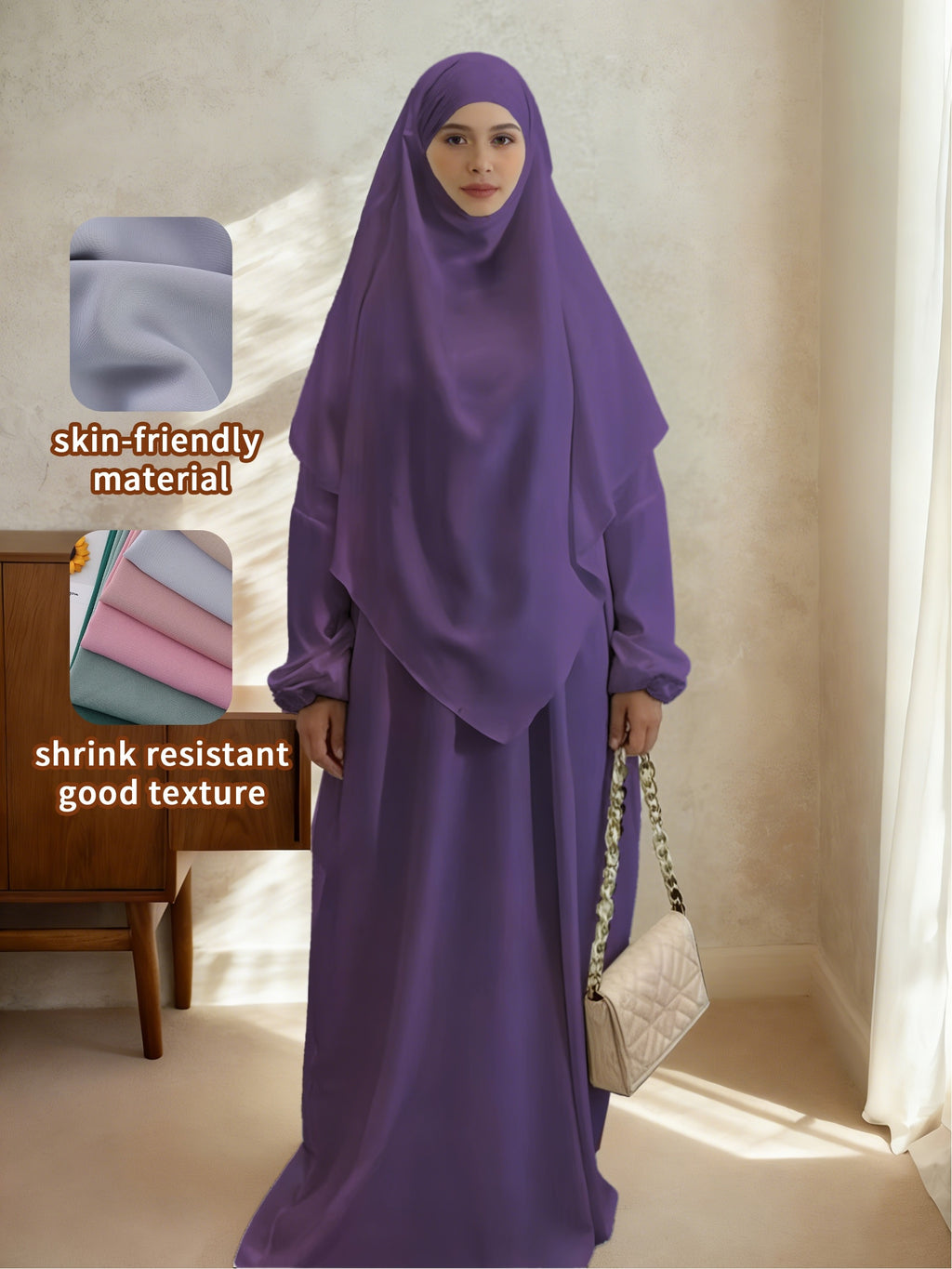 2pcs Easy Solid Abayas, Dignified Long-Sleeved Dresses, Asian Women'S Size Clothing, Elegant And Suitable for Gifting During Ramadan - Dark Violet