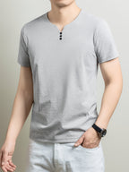 [Qiaoximei OBM] Collarless Men'S Top, Summer New Men'S Collarless Henley Shirt, Fake Button Decoration, Men'S Easy Wear, Suitable for Casual Outings And All-Match Style, Men'S Gift - Light Grey